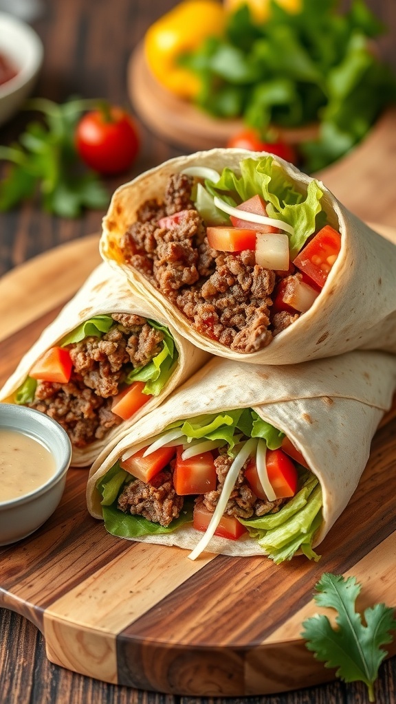 A beef hamburger tortilla wrap filled with lettuce, tomatoes, cheese, and ground beef, cut in half on a wooden board.
